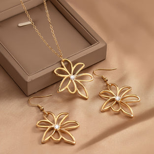 1 Pair Dangle Earrings +1 Pc Necklace With Hollow Flower Design Zinc Alloy Jewelry Set Elegant Leisure Style Creative Gift