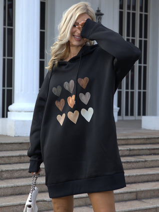 Heart Print Hooded Dress, Casual Drawstring Long Sleeve Dress, Women's Clothing