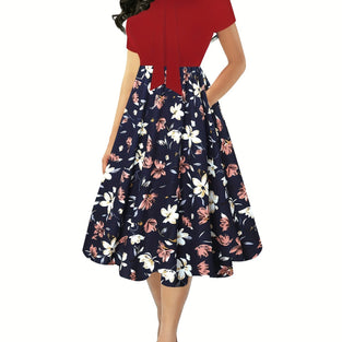 Floral Print Splicing Dress, Elegant Bow Tie Short Sleeve A Line Dress, Women's Clothing