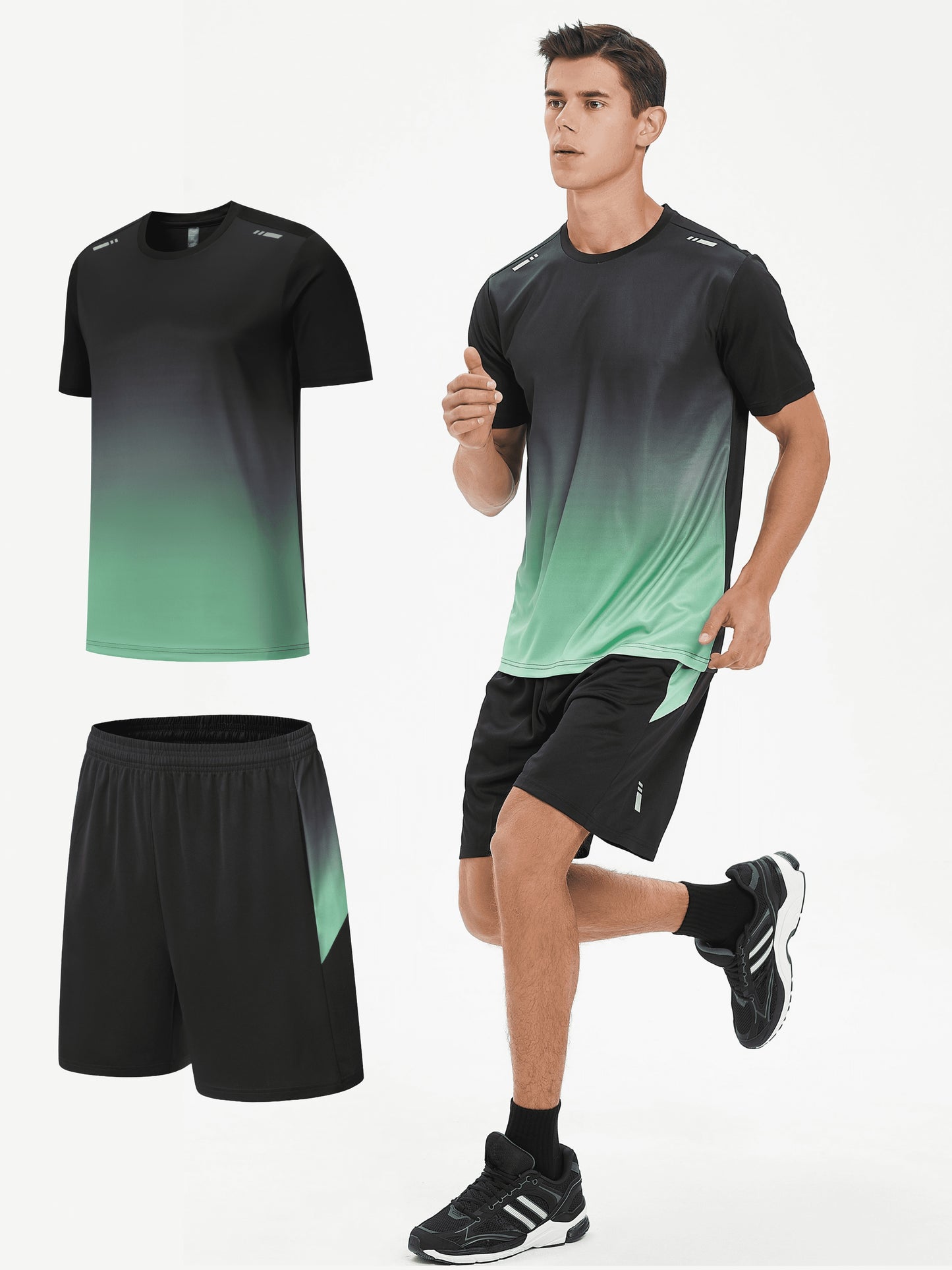 Men's Gradient Sports Set: Quick Dry Ice Silk T-Shirt and Shorts for Running, Basketball, and Fitness