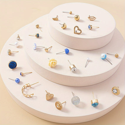 30 Pairs Set Of Delicate Stud Earrings Blue Original Piece Imitation Pearl Love Flower Leaf Design Adorable Female Gift