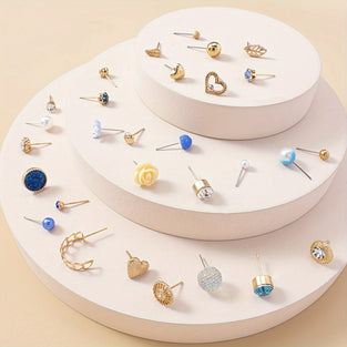 30 Pairs Set Of Delicate Stud Earrings Blue Original Piece Imitation Pearl Love Flower Leaf Design Adorable Female Gift