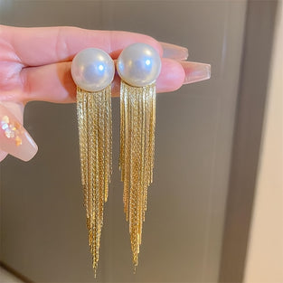 Elegant Golden Chain Tassel Earrings with Faux Pearls