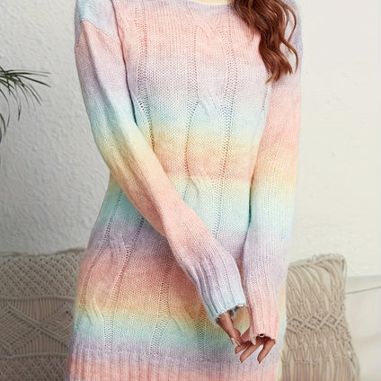 Gradient Color Cable Knit Sweater, Casual Long Sleeve Top For Fall & Winter, Women's Clothing