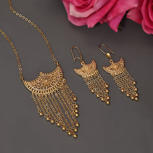 1 Pair Dangle Earrings +1 Pc Necklace With Ramadan Moon Long Tassel Design Copper 18K Plated Jewelry Set Female Gift