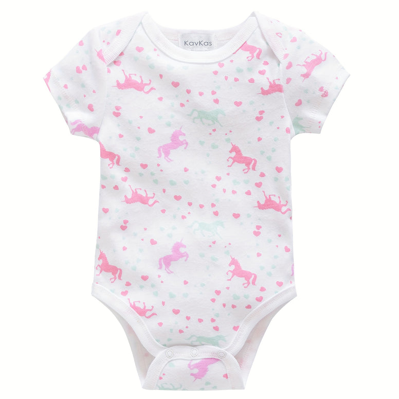 3pcs Baby's Unicorn-Themed Cotton Triangle Bodysuit Set: Comfy Short Sleeve Rompers for Everyday Wear