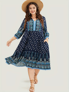 Plus Size Retro Dress, Women's Plus Arabesque Print Lantern Sleeve Tie Front V Neck Flowy Dress With Pockets