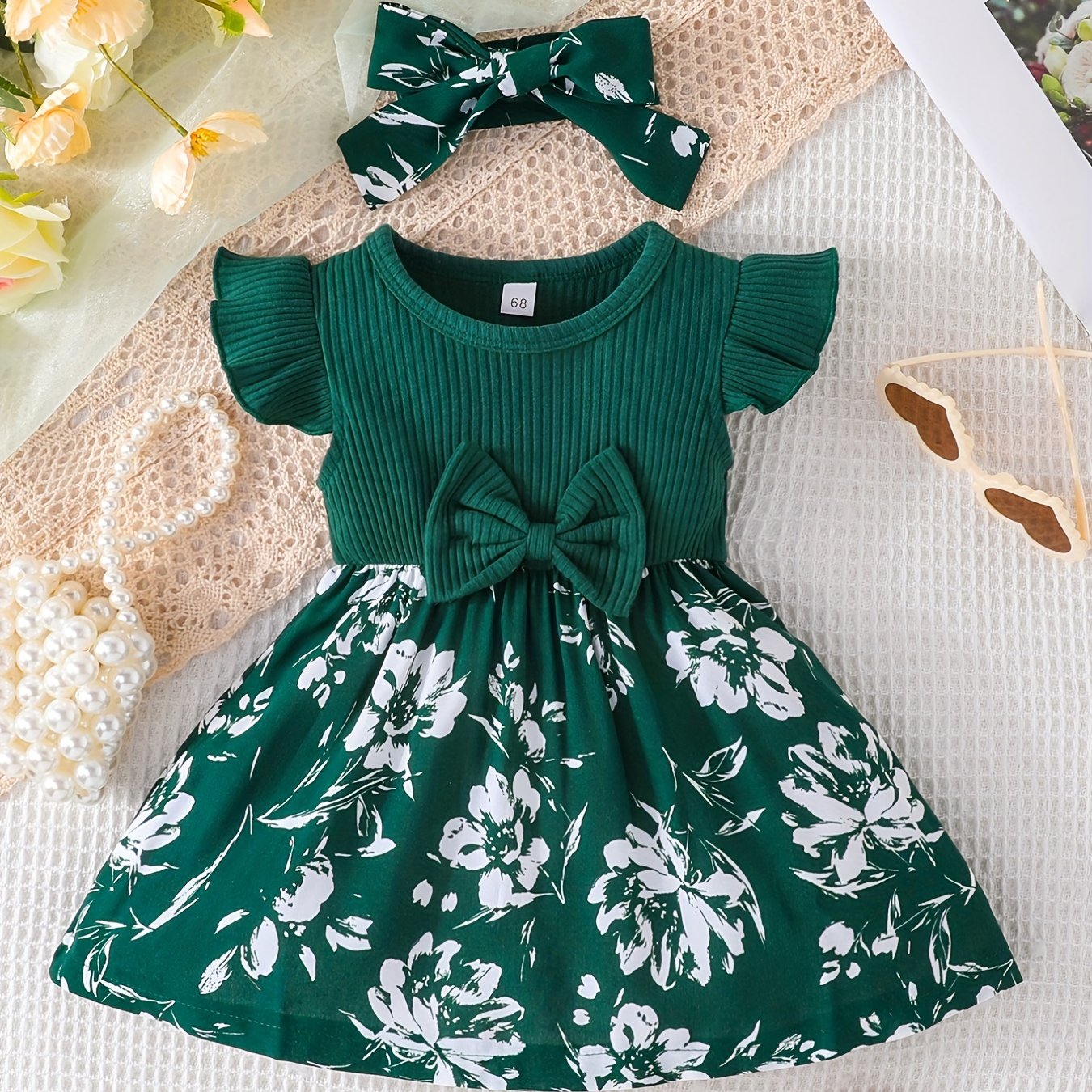 Blossoming Beauty: 2pcs Baby Girls Casual Floral & Bowknot Fly Sleeve Dress Headband Set