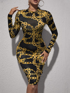 Chain Print Bodycon Dress, Casual Long Sleeve Knee Length Dress, Women's Clothing