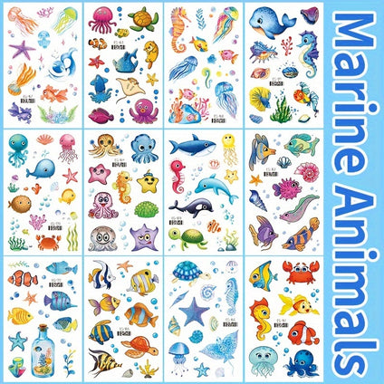 12 Sheets Glitter Ocean Sea Animals Temporary Tattoos For Boys Girls, Cute Design Cartoon Waterproof Marine Animals Underwater Worlds Tattoos, Birthday Seaside Beach Themed Party Decorations, Stocking Stuffer, Goodie Bags Fillers