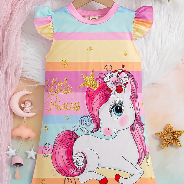 Sweet Girls Cartoon Princess Unicorn Graphic Flutter Trim Dress: Perfect for Summer Parties