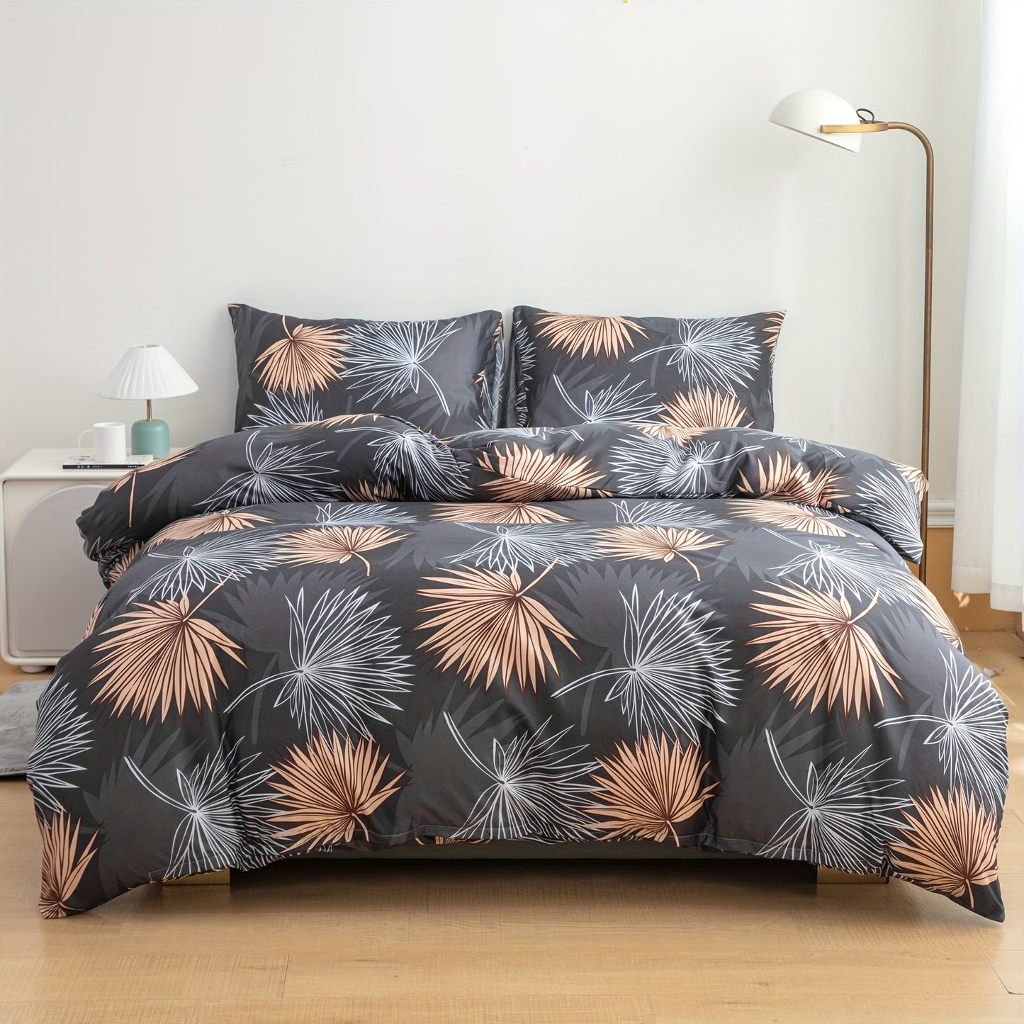 Elegant Dark Gray Leaf Duvet Cover Set