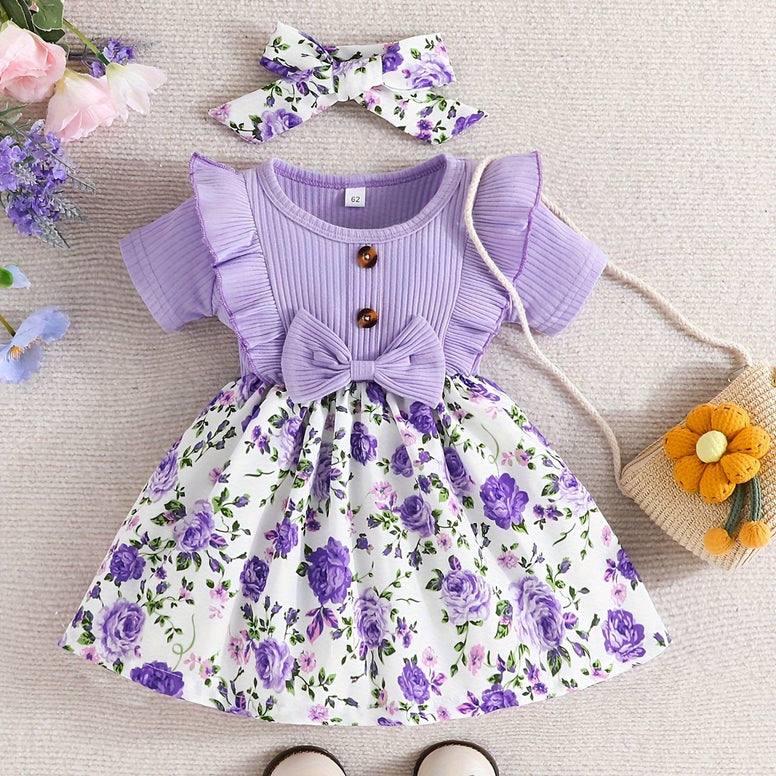 Adorable Baby Girls Casual Ruffle Short Sleeve Floral Dress with Headband Set