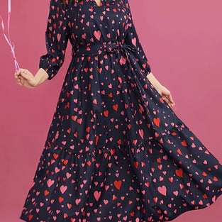 Heart Print Belted Notched Neck Dress, Elegant 3/4 Sleeve With Pocket Dress For Spring & Fall, Women's Clothing