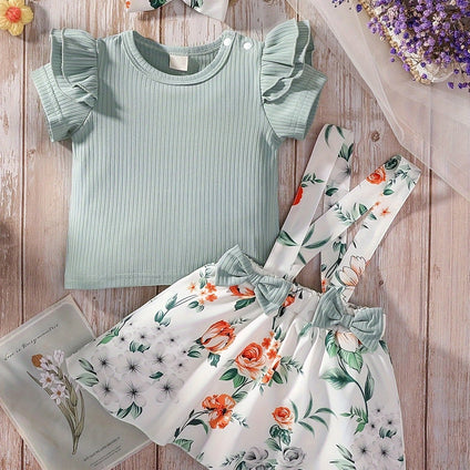 Baby's Flower Pattern 2-Piece Summer Outfit: Ribbed T-Shirt & Suspender Overall Skirt Set for Toddler & Infant Girls - Perfect for Daily Wear and Holiday Parties