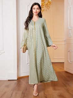 Ramadan Allover Print V Neck Kaftan, Elegant Long Sleeve Maxi Dress, Women's Clothing