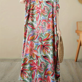 Floral Print Dress With Pockets, Vacation Casual V Neck Maxi Dress For Summer, Women's Clothing