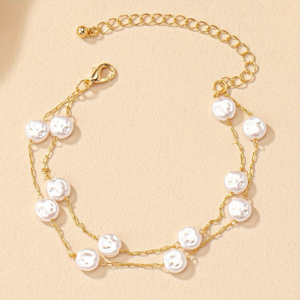 1 Pc Double Layer Imitation Pearl Design Bracelet Elegant Vintage Style Suitable For Women Adjustable Hand Decor