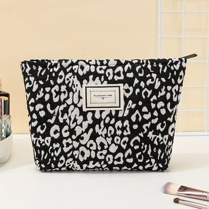 Roomy Black Leopard Pattern Makeup Bag - Portable Travel Cosmetic Bag with Zipper for Organizing Toiletries for Girls and Women