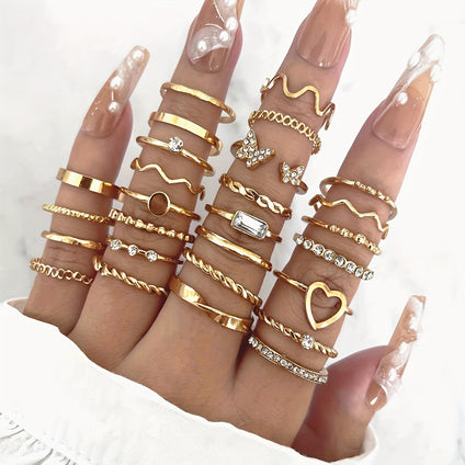 27pcs Y2k Style Stacking Rings Trendy Butterfly/ Heart/ Wave Design Inlaid Rhinestone Mix And Match For Daily Outfits Party Accessories