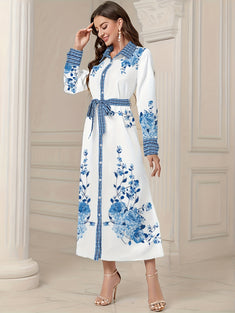 Ramadan Floral Print Button Front Kaftan Dress, Elegant Long Sleeve Lapel Tied Dress, Women's Clothing