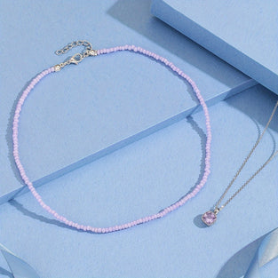 1pc Copper Fashion Minimalist Micro-Set Purple Zircon Square Pendant Necklace With 1pc Beaded Necklace Set Elegant For Women Versatile Daily Wear Jewelry Decorative Gift