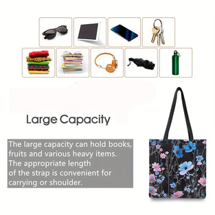 1pc Flower Print Tote Bag, Large Capacity Shoulder Bag, Women's Casual Handbag For Work School Shopping