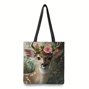 1pc Cute Deer Print Tote Bag, Large Capacity Shoulder Bag, Women's Casual Handbag For Work School Shopping