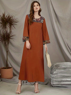 Ethnic Graphic Print Dress, Elegant Crew Neck Long Sleeve Dress, Women's Clothing