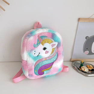 1pc Girl's Embroidered Cartoon Rainbow Horse Plush Backpack, Lightweight Cute Bag