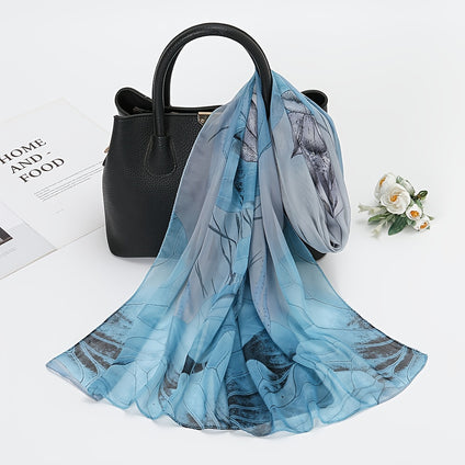 Lightweight Lotus Print Chiffon Scarf Thin Breathable Soft Cozy Long Shawl Elegant Casual Outdoor Sunscreen Head Wrap