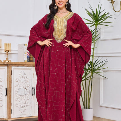 Ramadan Contrast Trim V-neck Kaftan Dress, Elegant Batwing Sleeve Maxi Length Dress, Women's Clothing