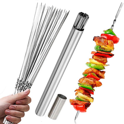 15pcs Stainless Steel Skewers & 1 Tube Storage For Barbecue, Reusable Grill Skewers, Shish Kebab BBQ Camping Flat Forks Gadgets, Outdoor Camping Picnic, Cookware Barbecue Tool Accessories