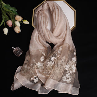 Mulberry Silk Embroidery Scarf Handmade Embroidery Flower Shawl Long Cheongsam Outerwear Scarf