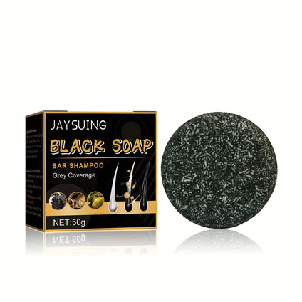 JAYSUING Black Soap Shampoo Bar for Men - 50g, Grey Coverage, Natural Hair Care Paste with Castor Oil, He Shou Wu, Olive & Coconut Oils, Nourishing & Moisturizing Dry Hair, Gentle Scalp Cleansing