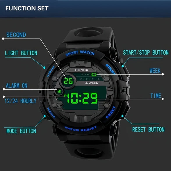 Sporty Digital Watch: Alarm, Calendar, 12/24 Hour Display, Water-Resistant, Light-Up Feature