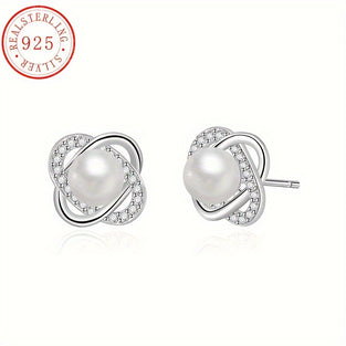 1 Pai S925 Sterling Silver Spiral Freshwater Pearl Stud Earrings Four-leaf Clover Natural Pearl Stud Earrings, Luxury Valentine's Day Jewelry Gifts 2.2g/0.07oz