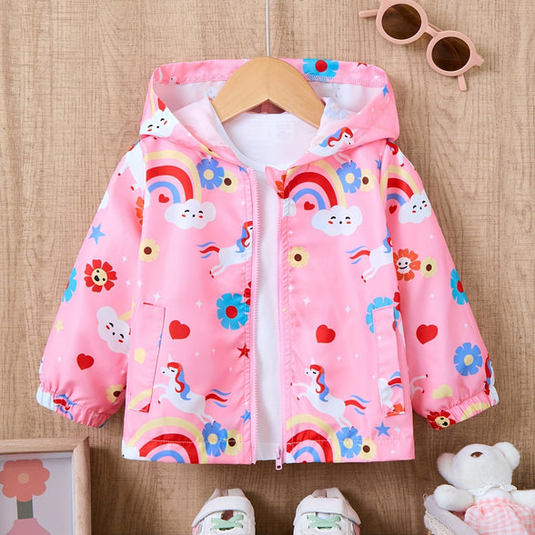 Adorable Cartoon Graphic Hooded Windbreaker