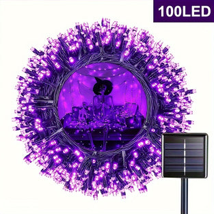 1pc Purple Solar Light, Outdoor 100 LEDs 10.06meter Solar String Light, Black Wire 8 Modes, Solar Fairy Light, Horror Party Tree Wedding Garden Decoration Halloween Decoration Christmas Decoration