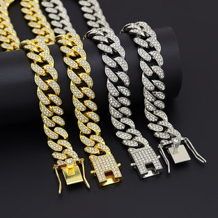 Punk Hiphop Miami Style Rhinestone Cuban Chain Set  Unisex Jewelry