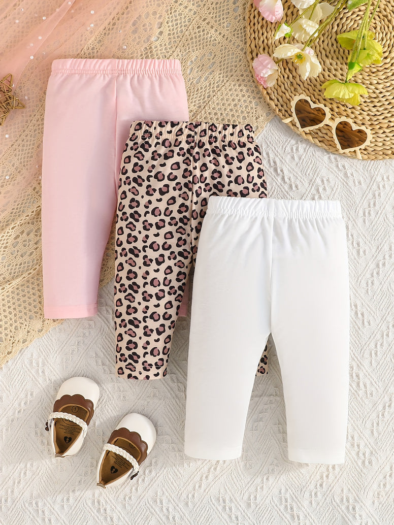 3-Piece Baby's Casual Pants Set: Solid Color & Leopard Pattern Elastic Waist Trousers for Infant Toddler Girls