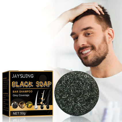 JAYSUING Black Soap Shampoo Bar for Men - 50g, Grey Coverage, Natural Hair Care Paste with Castor Oil, He Shou Wu, Olive & Coconut Oils, Nourishing & Moisturizing Dry Hair, Gentle Scalp Cleansing