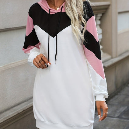 Color Block Drawstring Hooded Dress, Casual Long Sleeve Loose Mini Dress, Women's Clothing