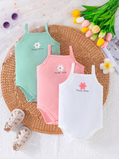 3-Piece Baby's Cartoon Flower Print Romper Set: Adorable Sleeveless Onesies for Summer Fun