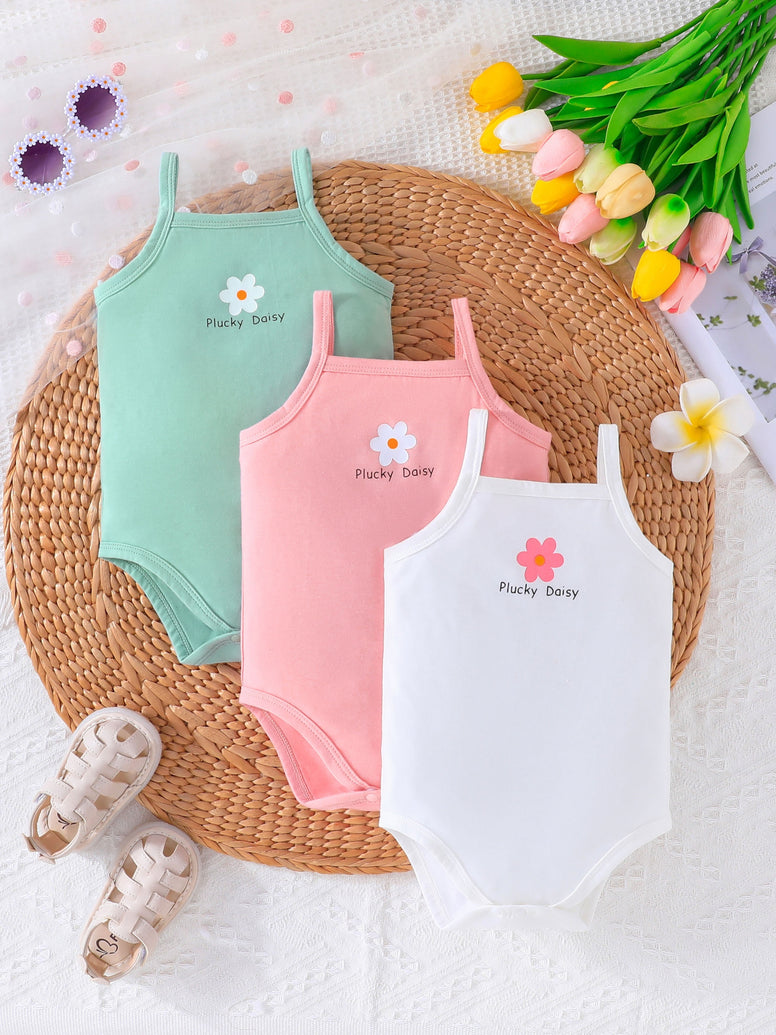 3-Piece Baby's Cartoon Flower Print Romper Set: Adorable Sleeveless Onesies for Summer Fun