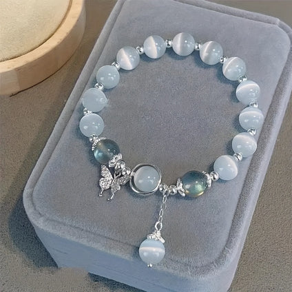 1pc Cute Glass Cat Eye Stone Beaded Bracelet With Butterfly Charm, Perfect Gift