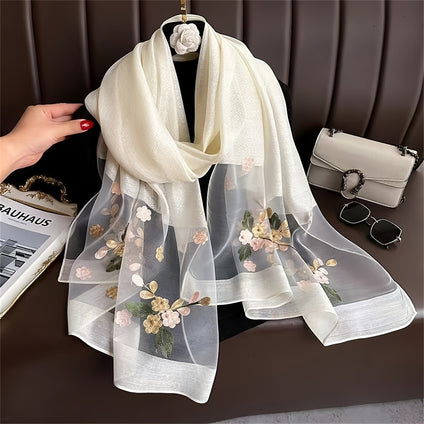 Embroidered Flower Scarf Thin Breathable Shawl Mature Style Sunscreen Travel Scarf For Women