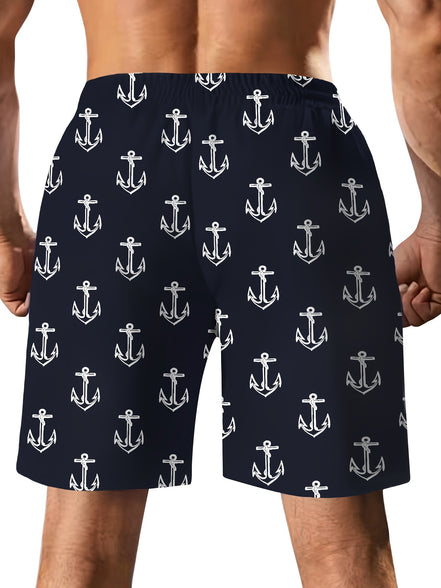 Men's Trendy Hawaiian Anchor Print Swim Shorts for Summer Fun