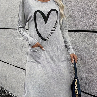 Heart Pattern Crew Neck Dress, Casual Long Sleeve Pockets Dress For Spring & Fall, Women's Clothing