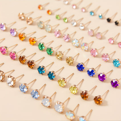 36 Pairs Set Of Colorful Tiny Stud Earrings Iron Jewelry Rhinestone Inlaid Elegant Sexy Style For Women Daily Party Ear Decor